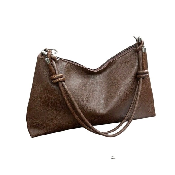 Handbags - Brown Faux Leather Shoulder Bag‎ Hobo Style Knot Detail Top Zip Closure
